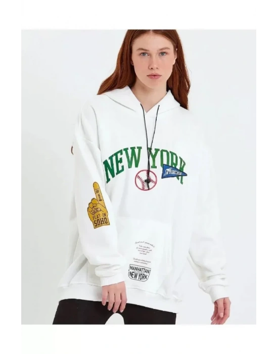 Baskılı Kapüşonlu Sweatshirt - Beyaz