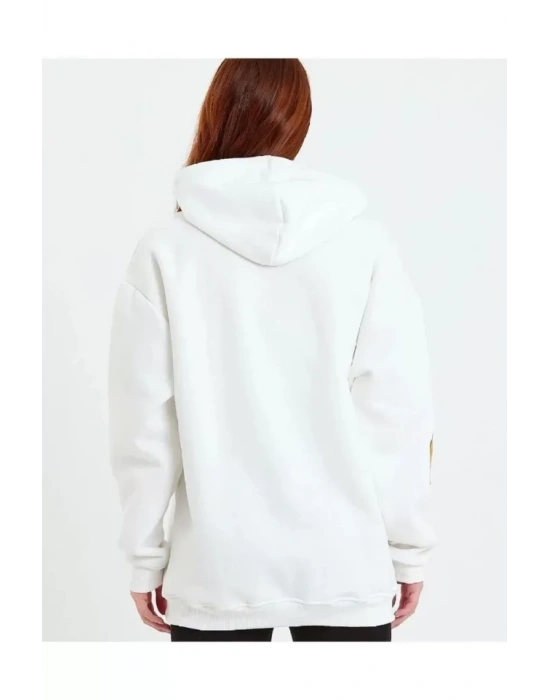 Baskılı Kapüşonlu Sweatshirt - Beyaz