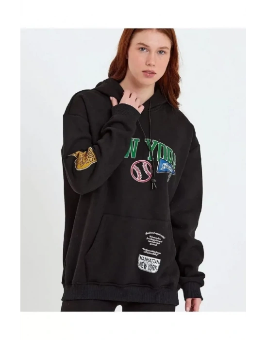 Baskılı Kapüşonlu Sweatshirt - Siyah