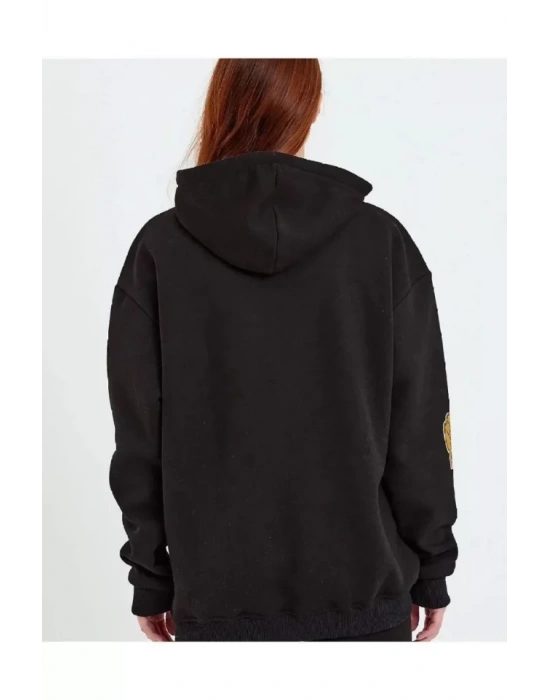 Baskılı Kapüşonlu Sweatshirt - Siyah