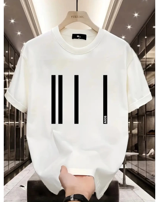 Baskılı Oversize Bisiklet Yaka T-shirt - Beyaz