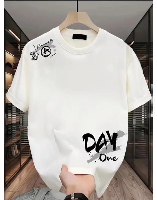 Baskılı Oversize Bisiklet Yaka T-shirt - Beyaz