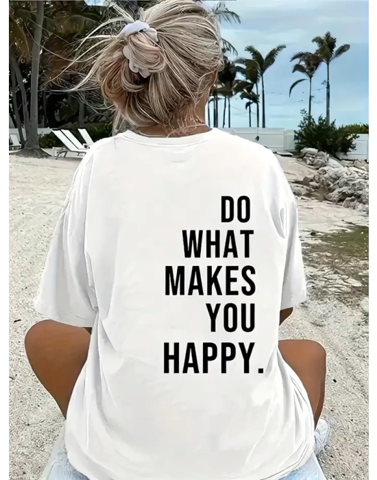 Baskılı Oversize Bisiklet Yaka T-shirt - Beyaz