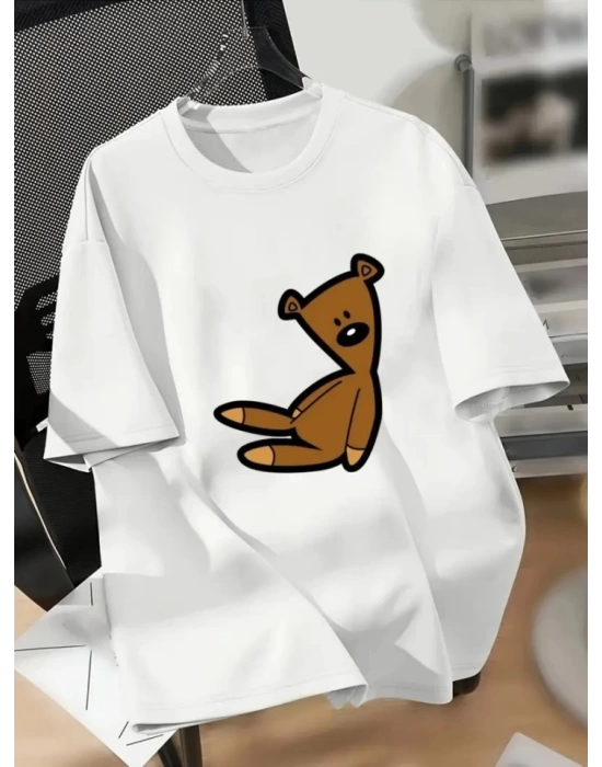 Baskılı Oversize Bisiklet Yaka T-shirt - Beyaz