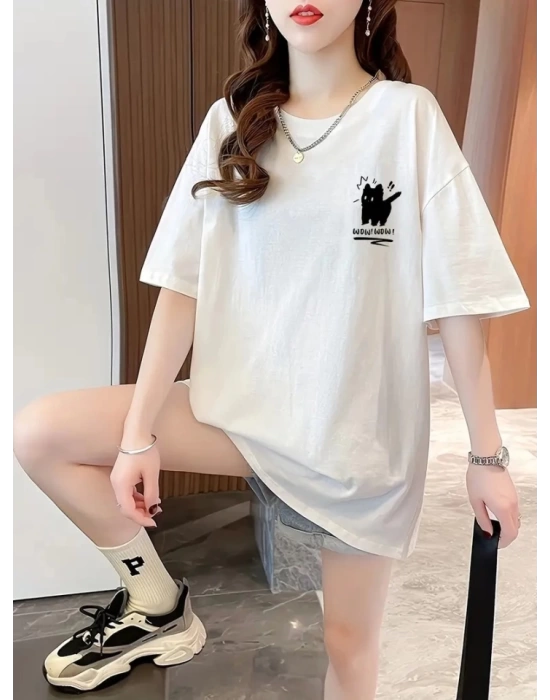 Baskılı Oversize Bisiklet Yaka T-shirt - Beyaz