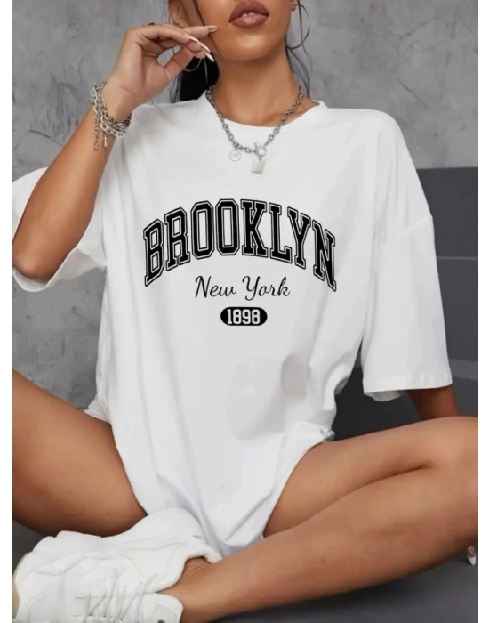 Baskılı Oversize Bisiklet Yaka T-shirt - Beyaz