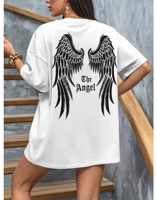 Baskılı Oversize Bisiklet Yaka T-shirt - Beyaz