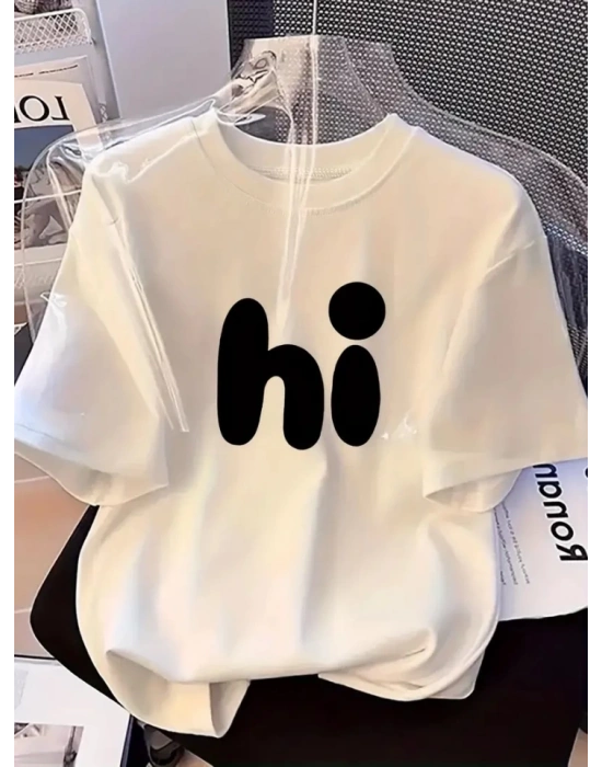 Baskılı Oversize Bisiklet Yaka T-shirt - Beyaz