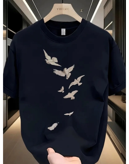 Baskılı Oversize Bisiklet Yaka T-shirt - Beyaz