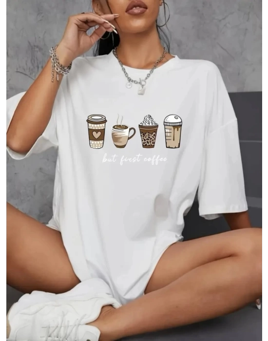 Baskılı Oversize Bisiklet Yaka T-shirt - Beyaz