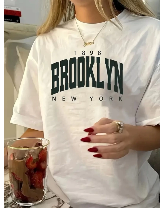 Baskılı Oversize Bisiklet Yaka T-shirt - Beyaz