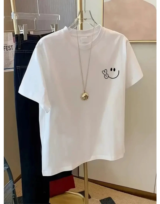 Baskılı Oversize Bisiklet Yaka T-shirt - Beyaz