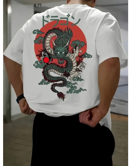 Baskılı Oversize Bisiklet Yaka T-shirt - Beyaz