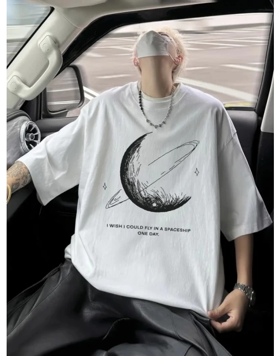 Baskılı Oversize Bisiklet Yaka T-shirt - Beyaz