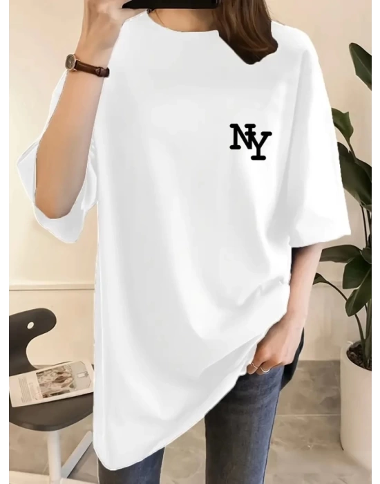 Baskılı Oversize Bisiklet Yaka T-shirt - Beyaz