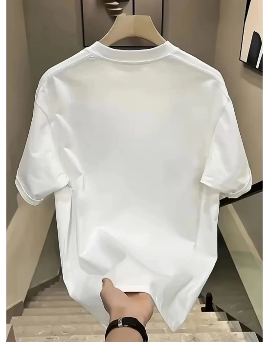 Baskılı Oversize Bisiklet Yaka T-shirt - Beyaz