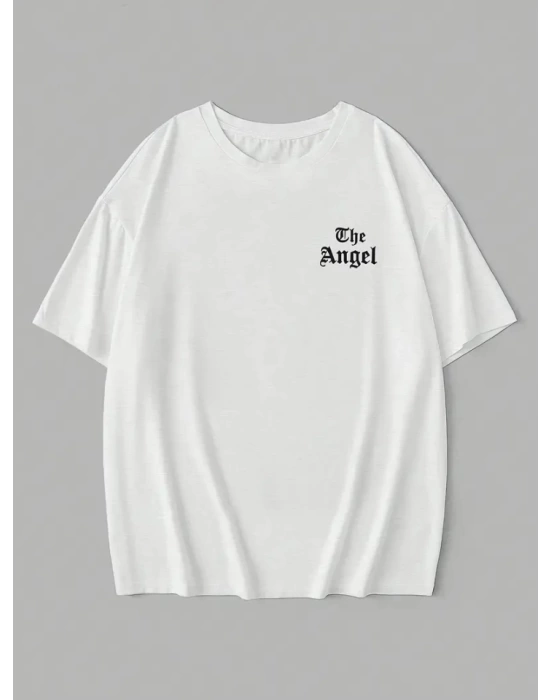 Baskılı Oversize Bisiklet Yaka T-shirt - Beyaz