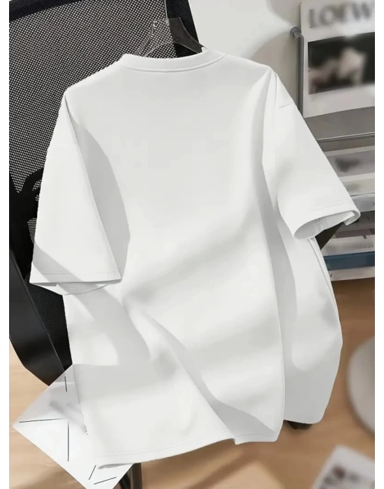 Baskılı Oversize Bisiklet Yaka T-shirt - Beyaz