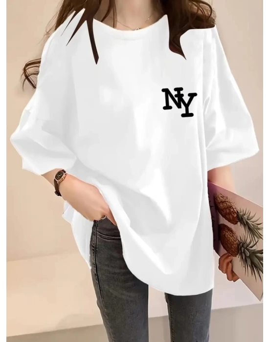 Baskılı Oversize Bisiklet Yaka T-shirt - Beyaz
