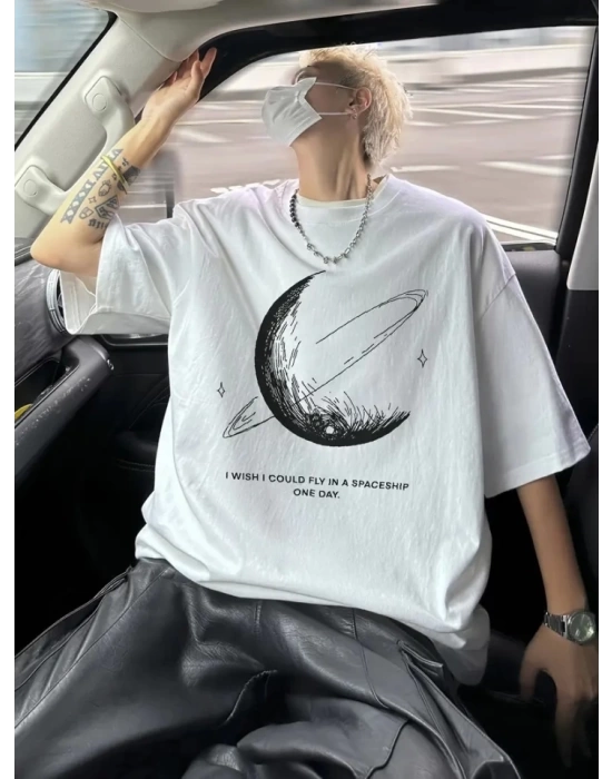 Baskılı Oversize Bisiklet Yaka T-shirt - Beyaz