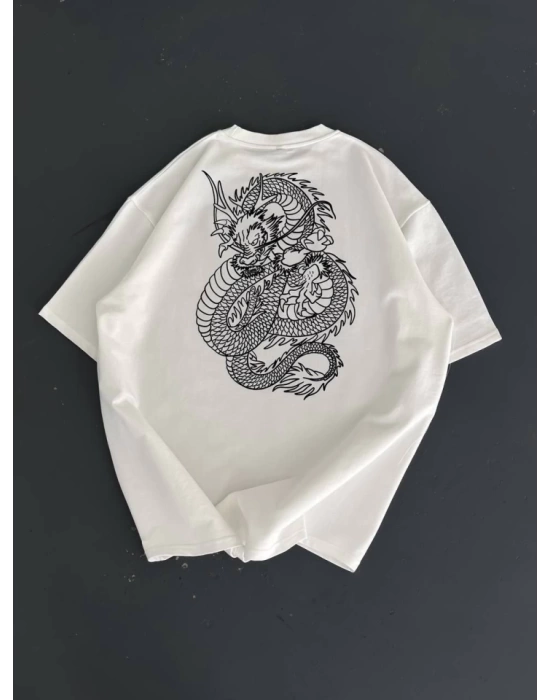 Baskılı Oversize Bisiklet Yaka T-shirt - Beyaz