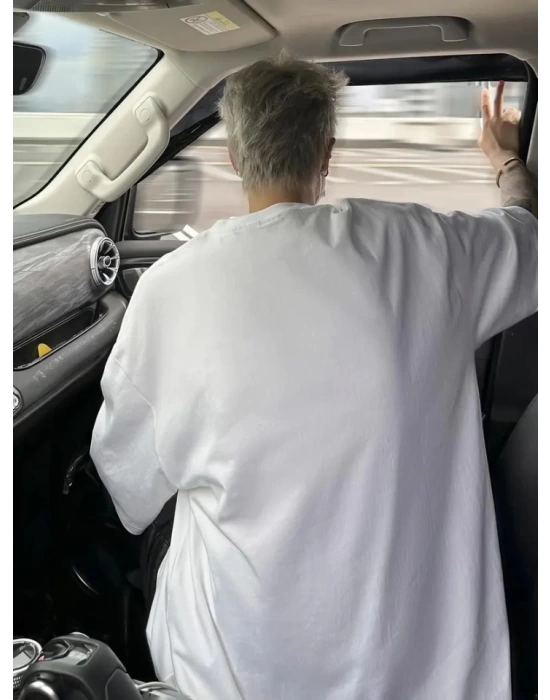 Baskılı Oversize Bisiklet Yaka T-shirt - Beyaz