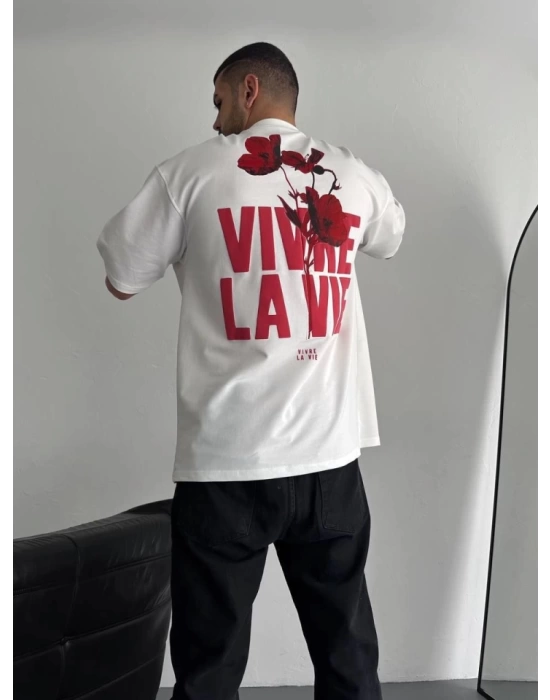 Baskılı Oversize Bisiklet Yaka T-shirt - Beyaz