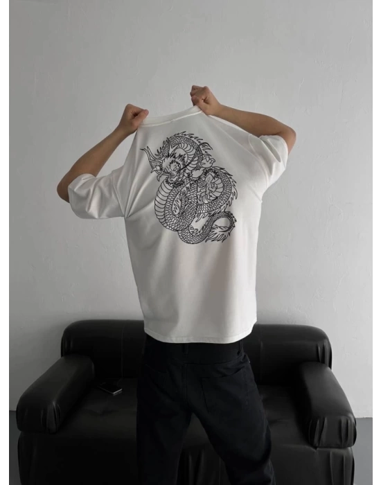 Baskılı Oversize Bisiklet Yaka T-shirt - Beyaz