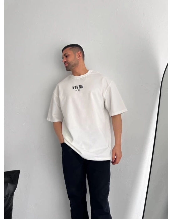 Baskılı Oversize Bisiklet Yaka T-shirt - Beyaz