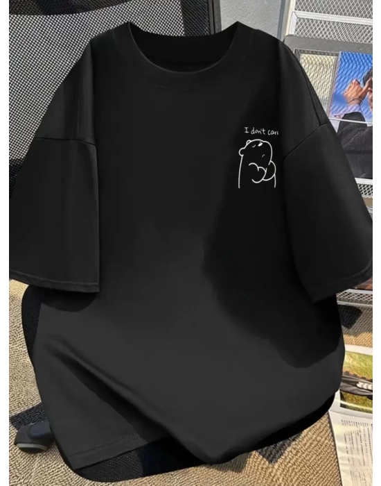 Baskılı Oversize Bisiklet Yaka T-shirt - Siyah