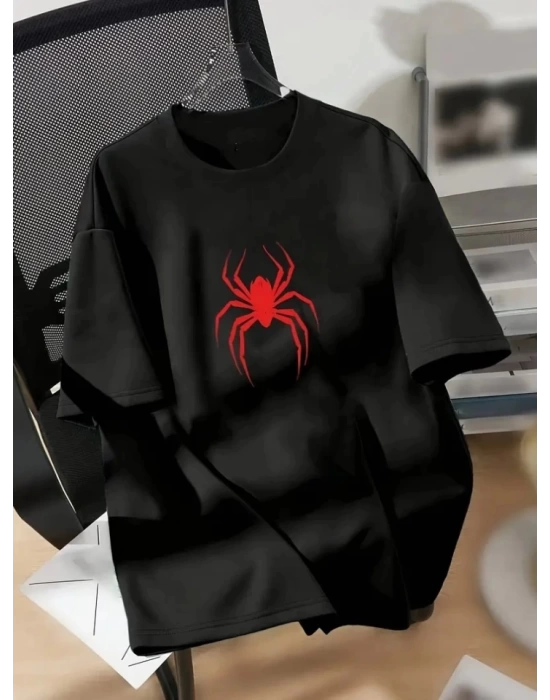 Baskılı Oversize Bisiklet Yaka T-shirt - Siyah