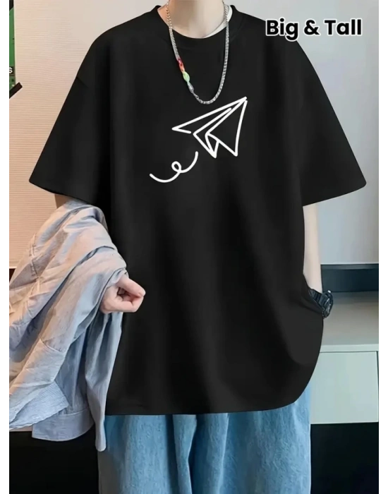 Baskılı Oversize Bisiklet Yaka T-shirt - Siyah