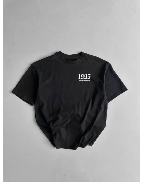 Baskılı Oversize Bisiklet Yaka T-shirt - Siyah