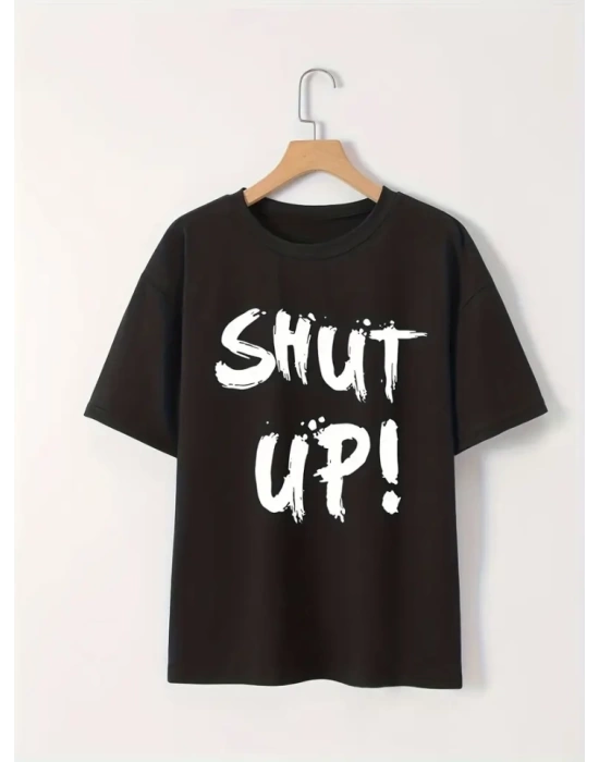 Baskılı Oversize Bisiklet Yaka T-shirt - Siyah
