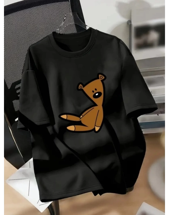 Baskılı Oversize Bisiklet Yaka T-shirt - Siyah