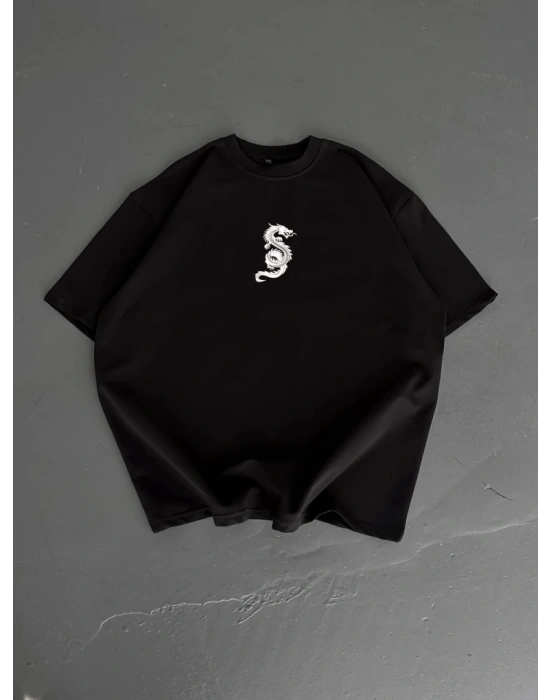 Baskılı Oversize Bisiklet Yaka T-shirt - Siyah