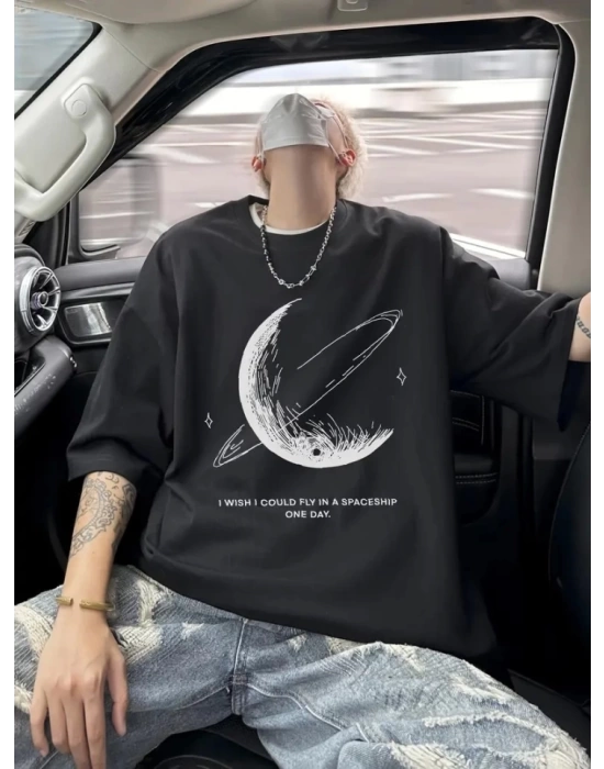 Baskılı Oversize Bisiklet Yaka T-shirt - Siyah