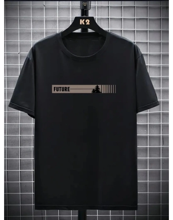 Baskılı Oversize Bisiklet Yaka T-shirt - Siyah