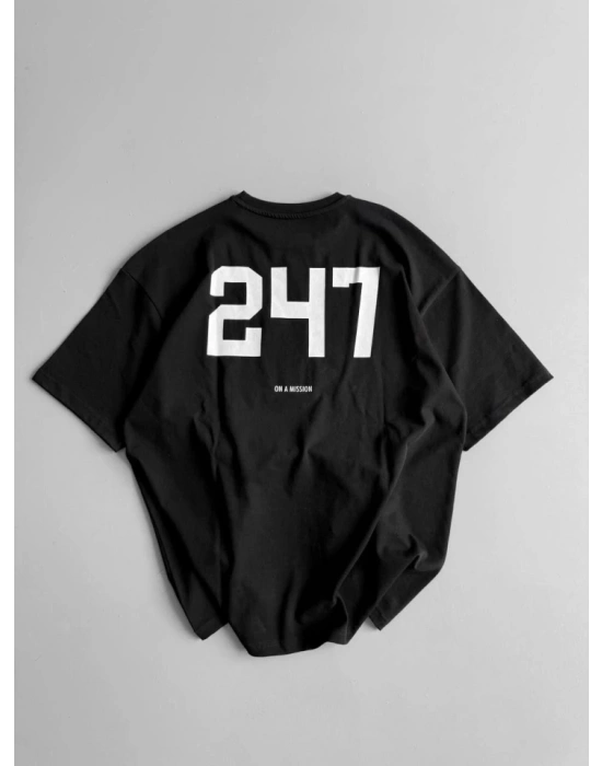 Baskılı Oversize Bisiklet Yaka T-shirt - Siyah