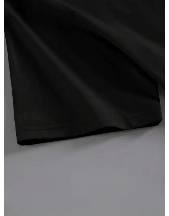 Baskılı Oversize Bisiklet Yaka T-shirt - Siyah