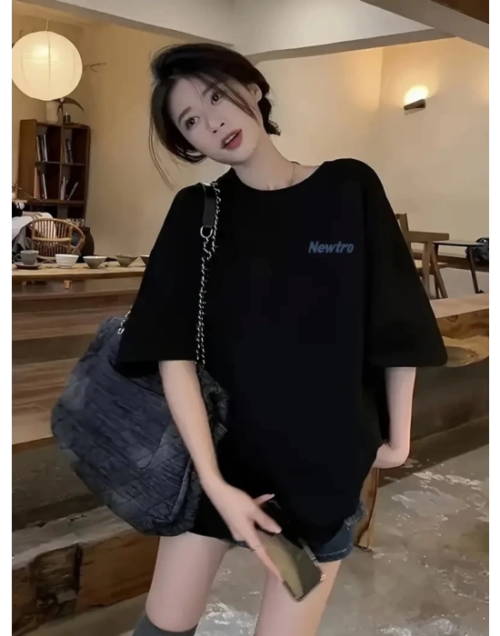 Baskılı Oversize Bisiklet Yaka T-shirt - Siyah