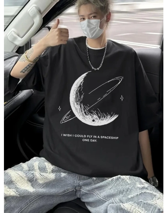 Baskılı Oversize Bisiklet Yaka T-shirt - Siyah