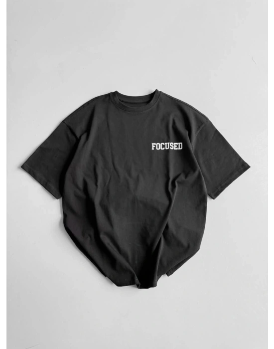 Baskılı Oversize Bisiklet Yaka T-shirt - Siyah