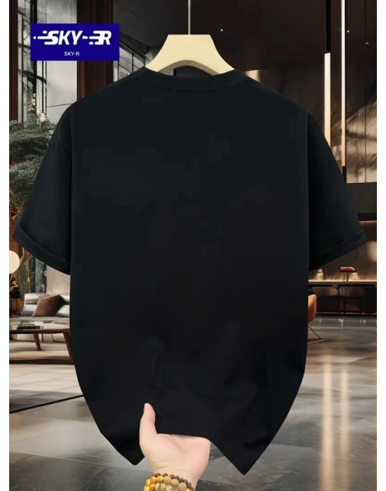 Baskılı Oversize Bisiklet Yaka T-shirt - Siyah