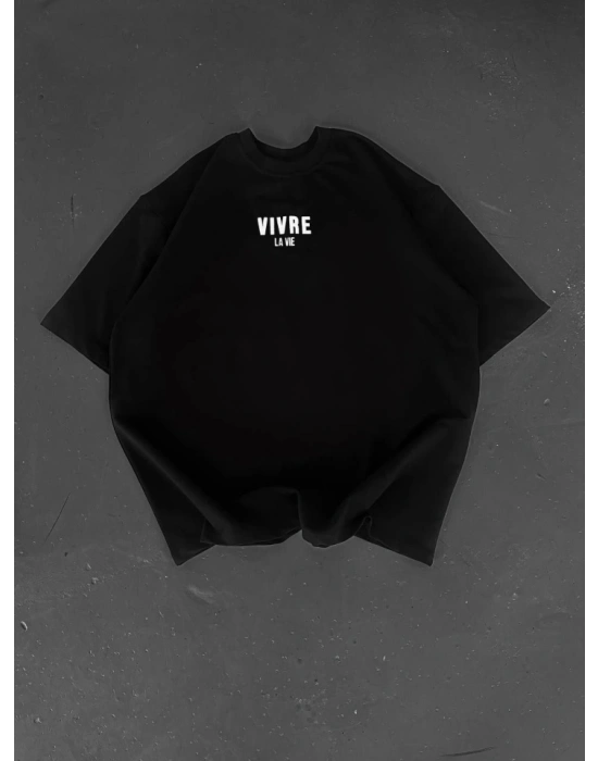 Baskılı Oversize Bisiklet Yaka T-shirt - Siyah