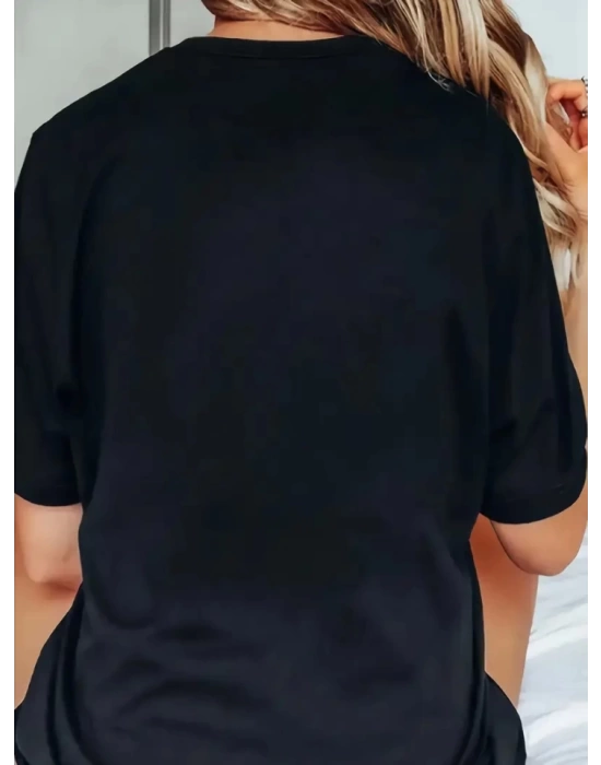 Baskılı Oversize Bisiklet Yaka T-shirt - Siyah