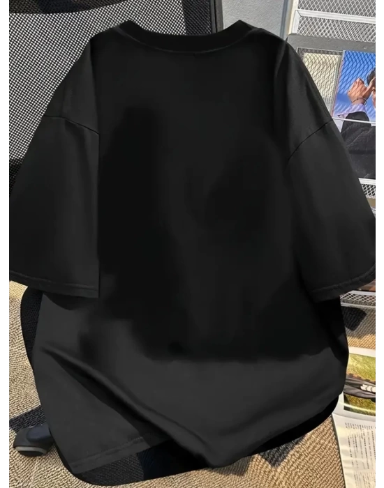 Baskılı Oversize Bisiklet Yaka T-shirt - Siyah