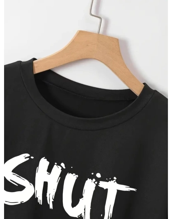 Baskılı Oversize Bisiklet Yaka T-shirt - Siyah