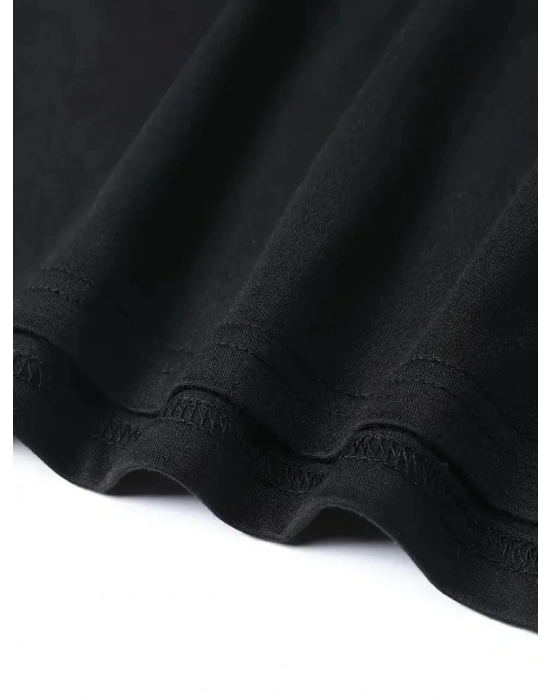 Baskılı Oversize Bisiklet Yaka T-shirt - Siyah