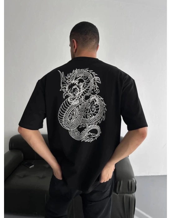 Baskılı Oversize Bisiklet Yaka T-shirt - Siyah